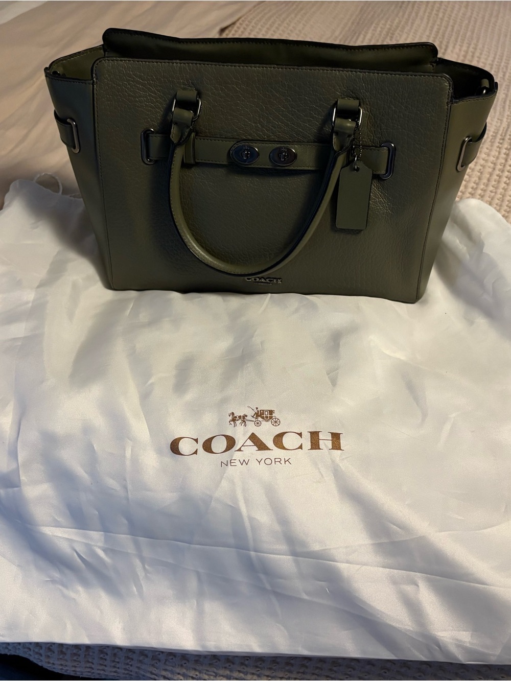 Coach Olive Green Leather Tote with Top Handles